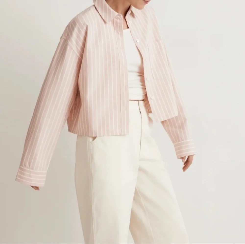Madewell Signature Oxford Pink Striped Cropped Button-Up Shirt Medium - Picture 1 of 8